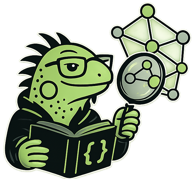 Infoguana mascot: an iguana reading a book, inspecting a node graph through a magnifying glass